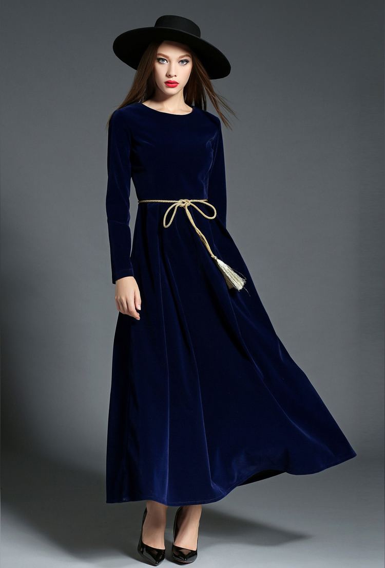 SZ60040-3 Retro Vintage Dark Blue Velvet Dress Women Long Sleeve Collar Dresses